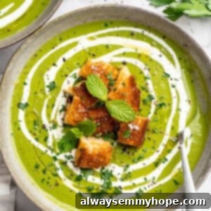 Bowl of broccoli fridge clean-out soup with grilled cheese croutons and swirl of coconut cream.