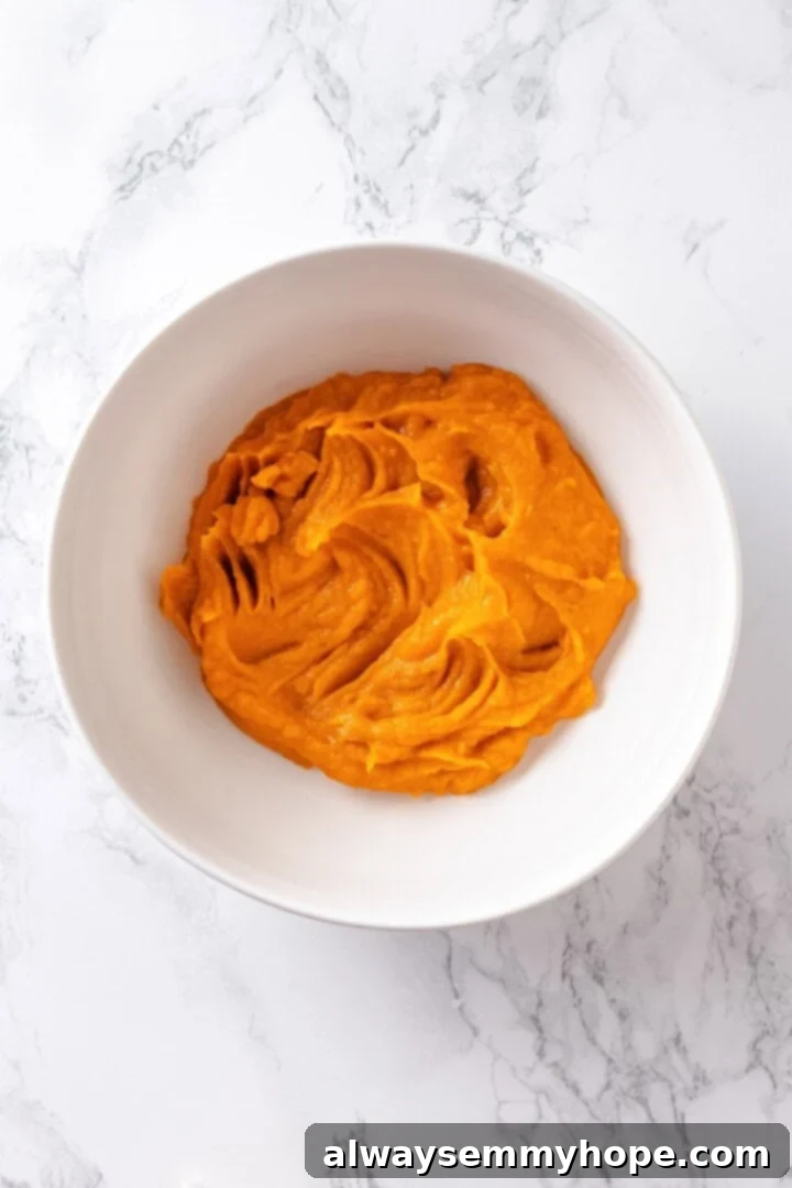 Mashed sweet potato in bowl.
