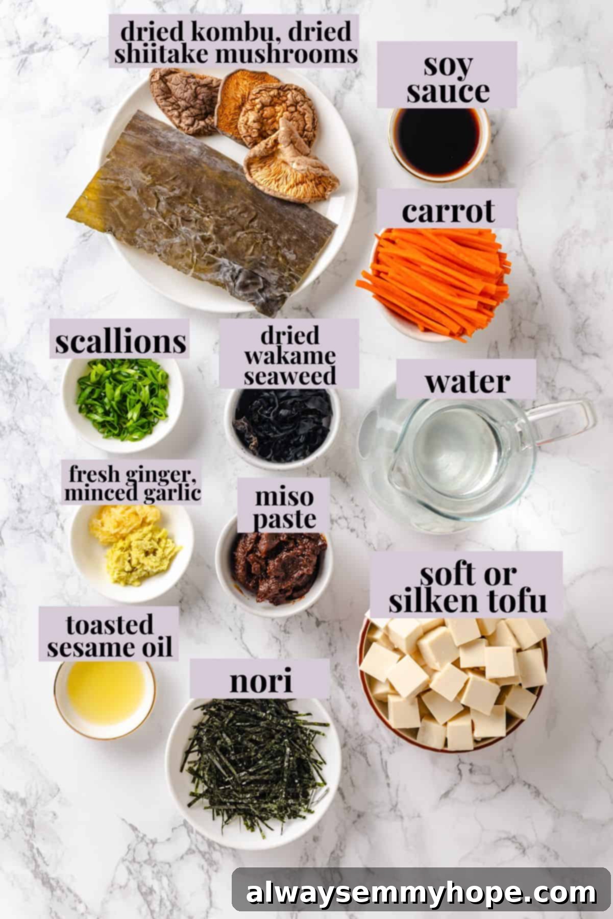 Ingredients for miso tofu soup with labels.