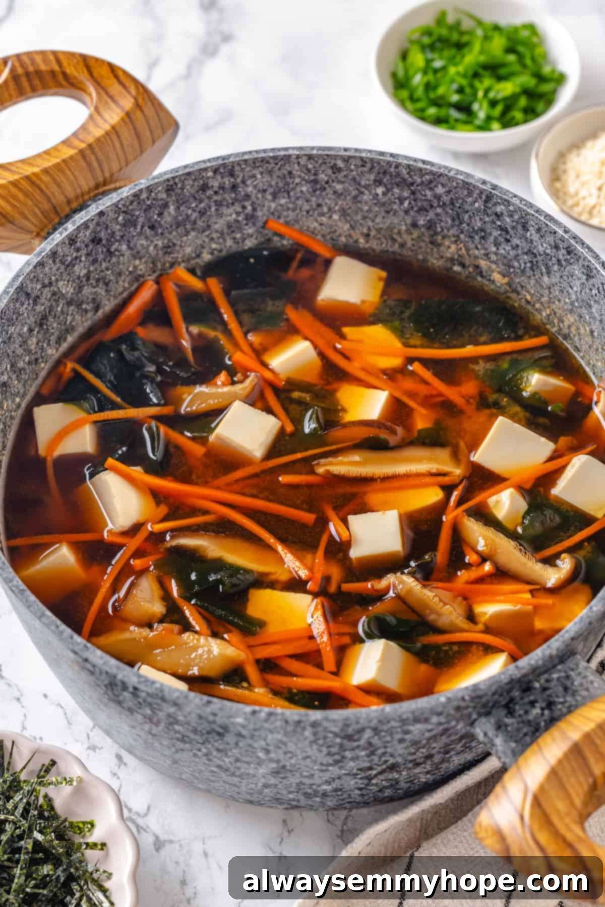 Pot of vegan miso tofu soup.