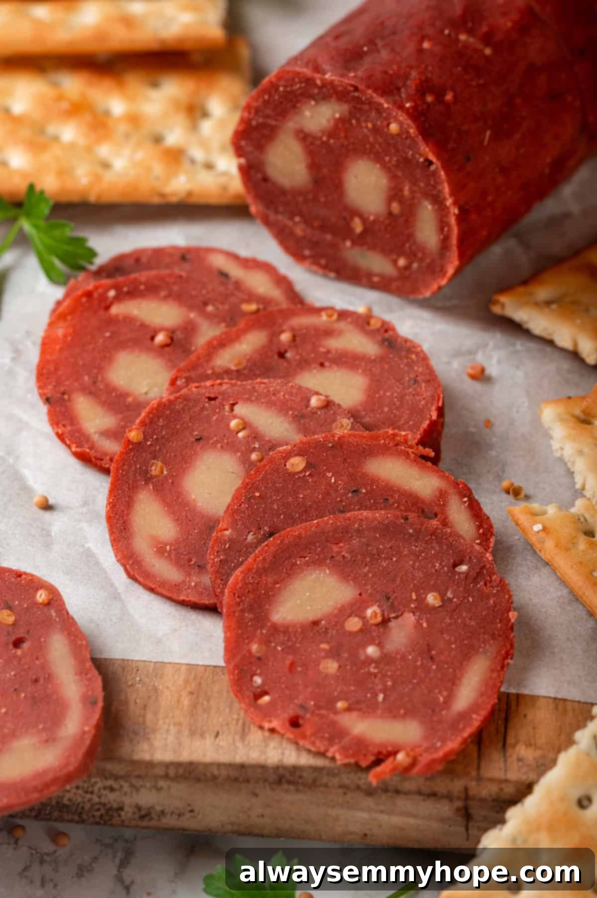 Slices of homemade vegan salami displayed on a parchment-lined wooden board.