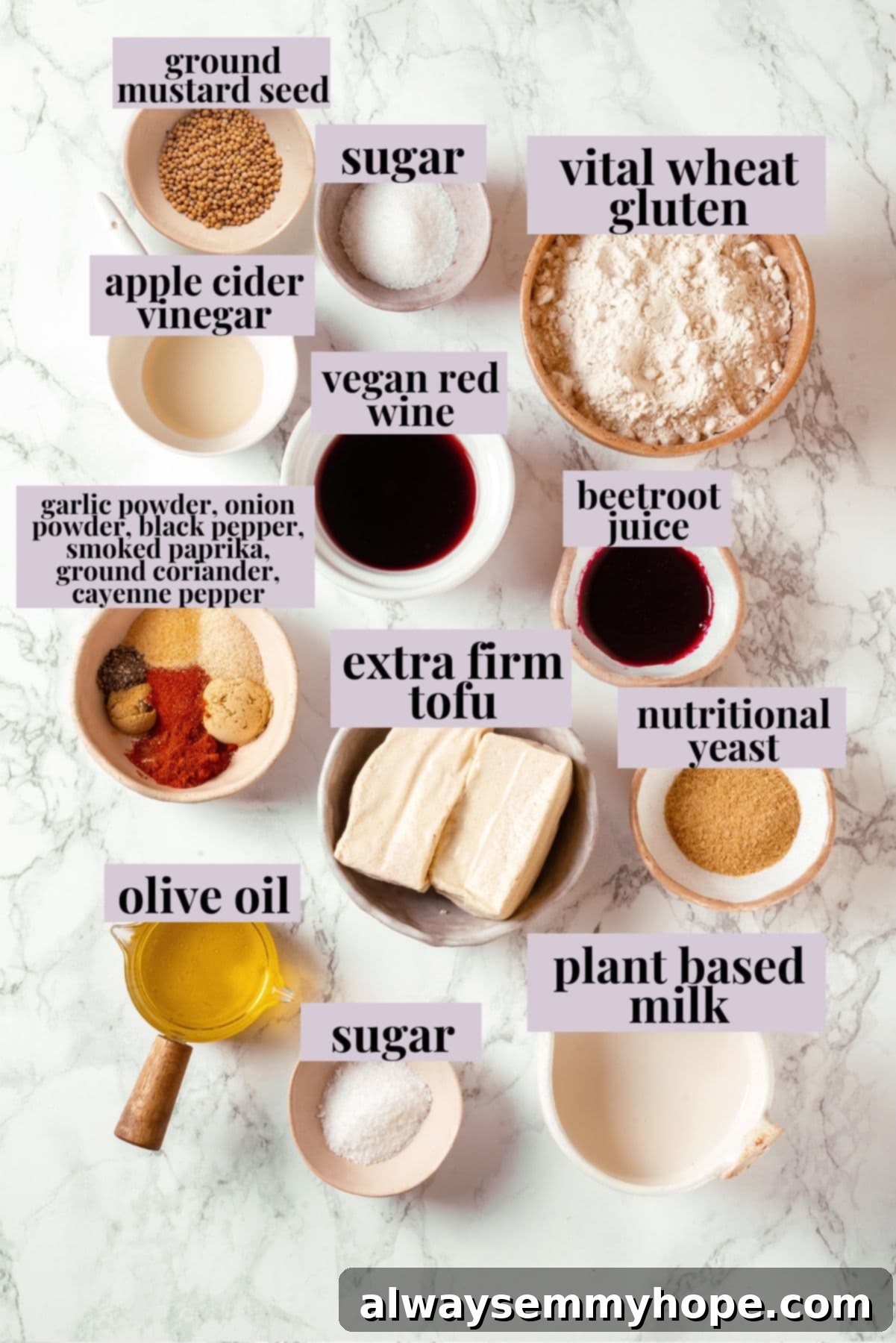 A collection of ingredients for preparing a homemade vegan salami recipe.