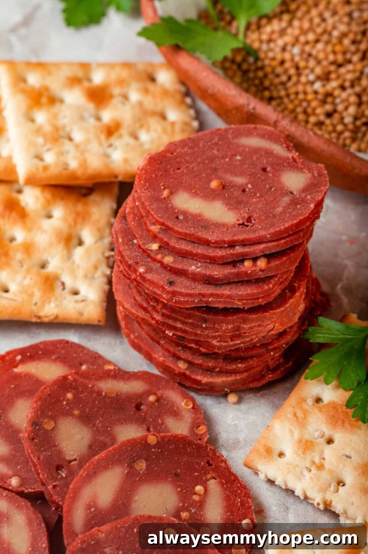 A stack of thinly sliced vegan salami served with saltine crackers.