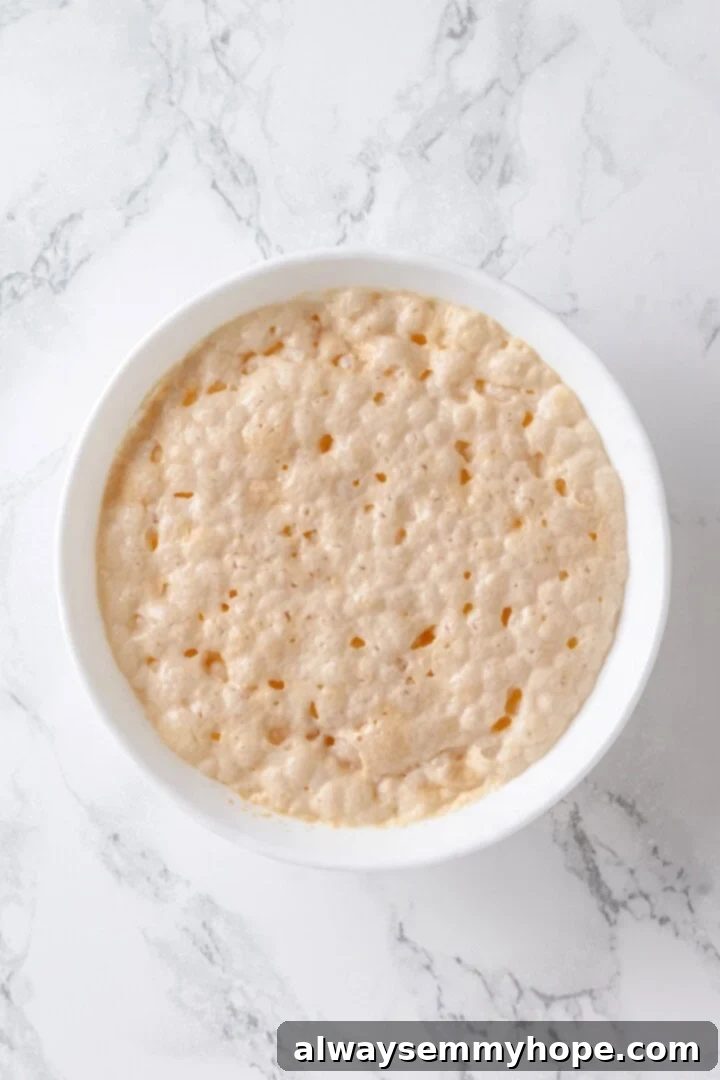 Foamy yeast mixture in bowl