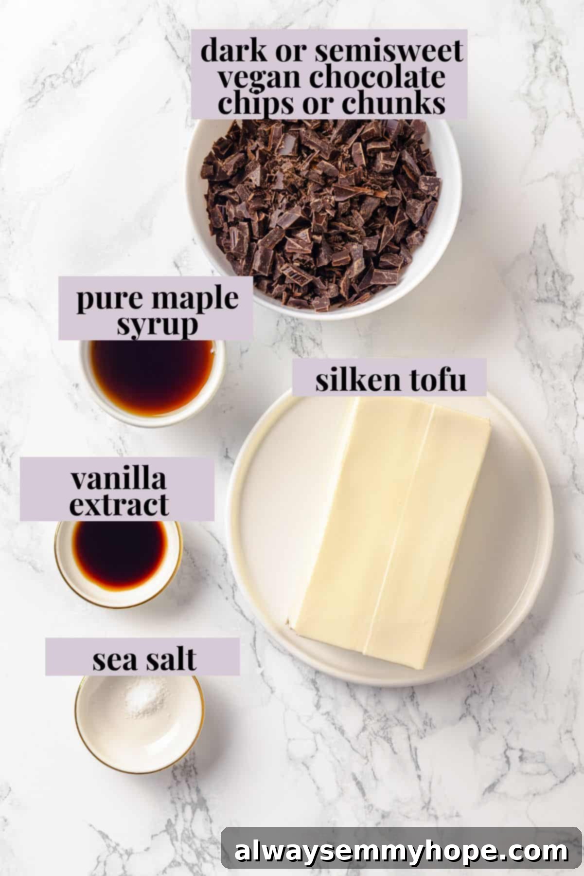Ingredients for silken tofu chocolate mousse with labels