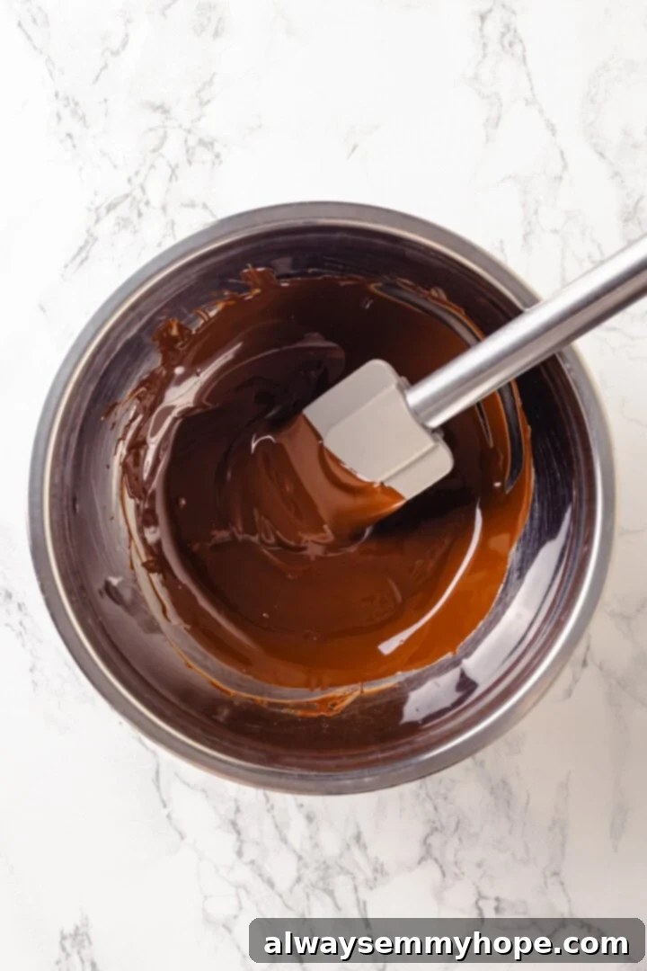 Bowl of melted chocolate with rubber spatula