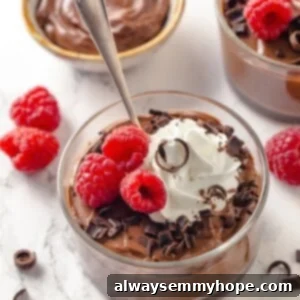Spoon in bowl of silken tofu chocolate mousse with vegan whipped cream, raspberries, and chocolate shavings