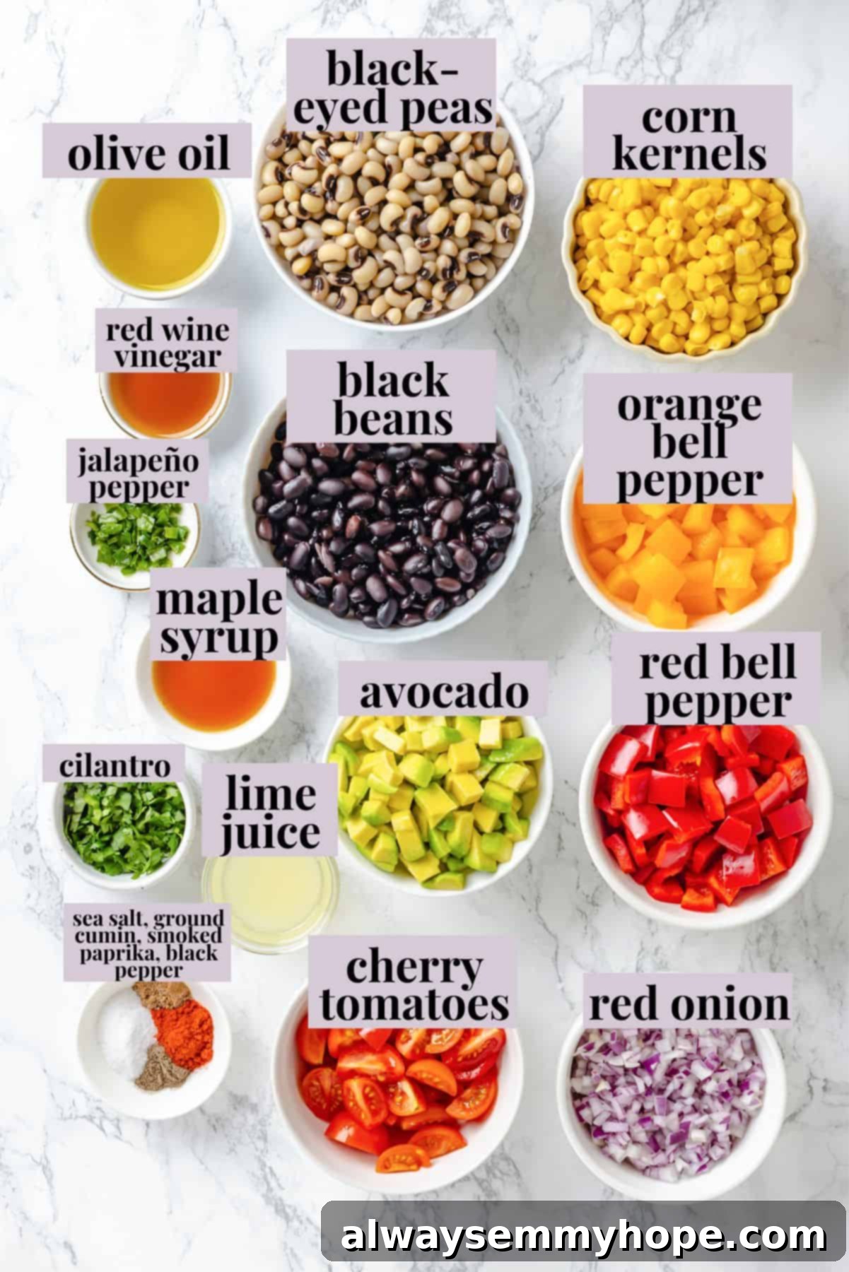 All the fresh ingredients for cowboy caviar, clearly labeled.