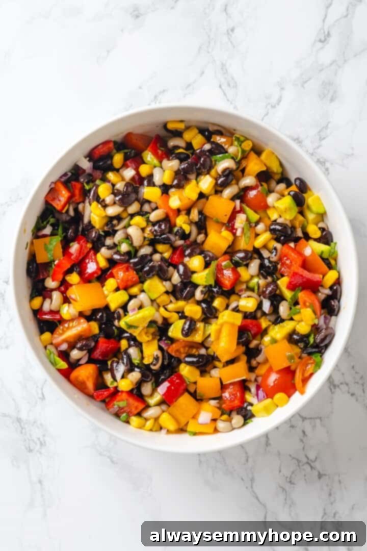 Bowl of freshly made cowboy caviar, ready to be served.