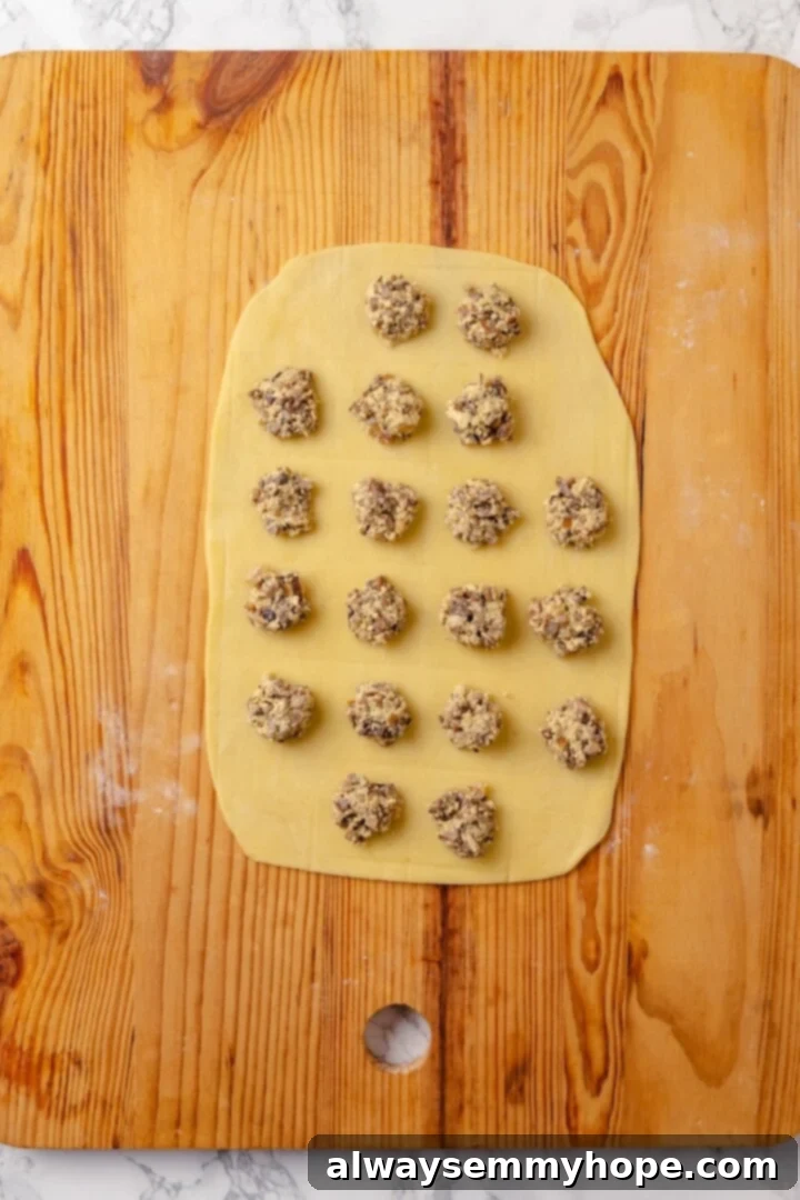 Mushroom Ravioli Delight 8 Mushroom filling added to sheet of pasta.