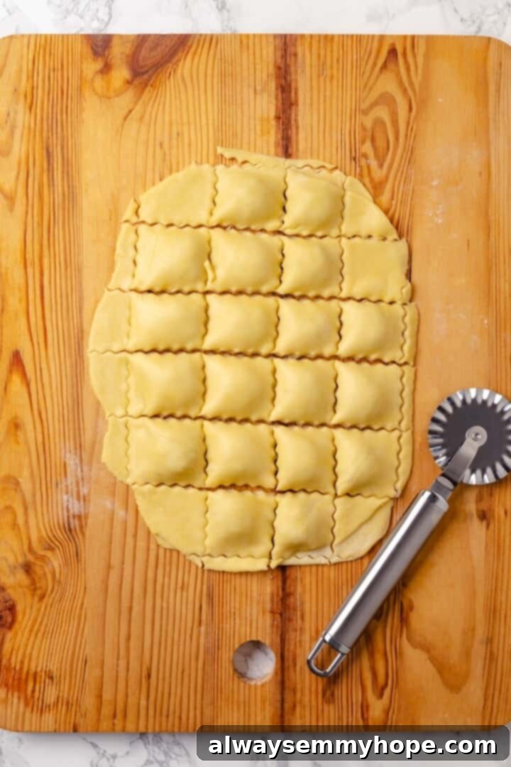 Mushroom Ravioli Delight 9 Cut ravioli on cutting board.