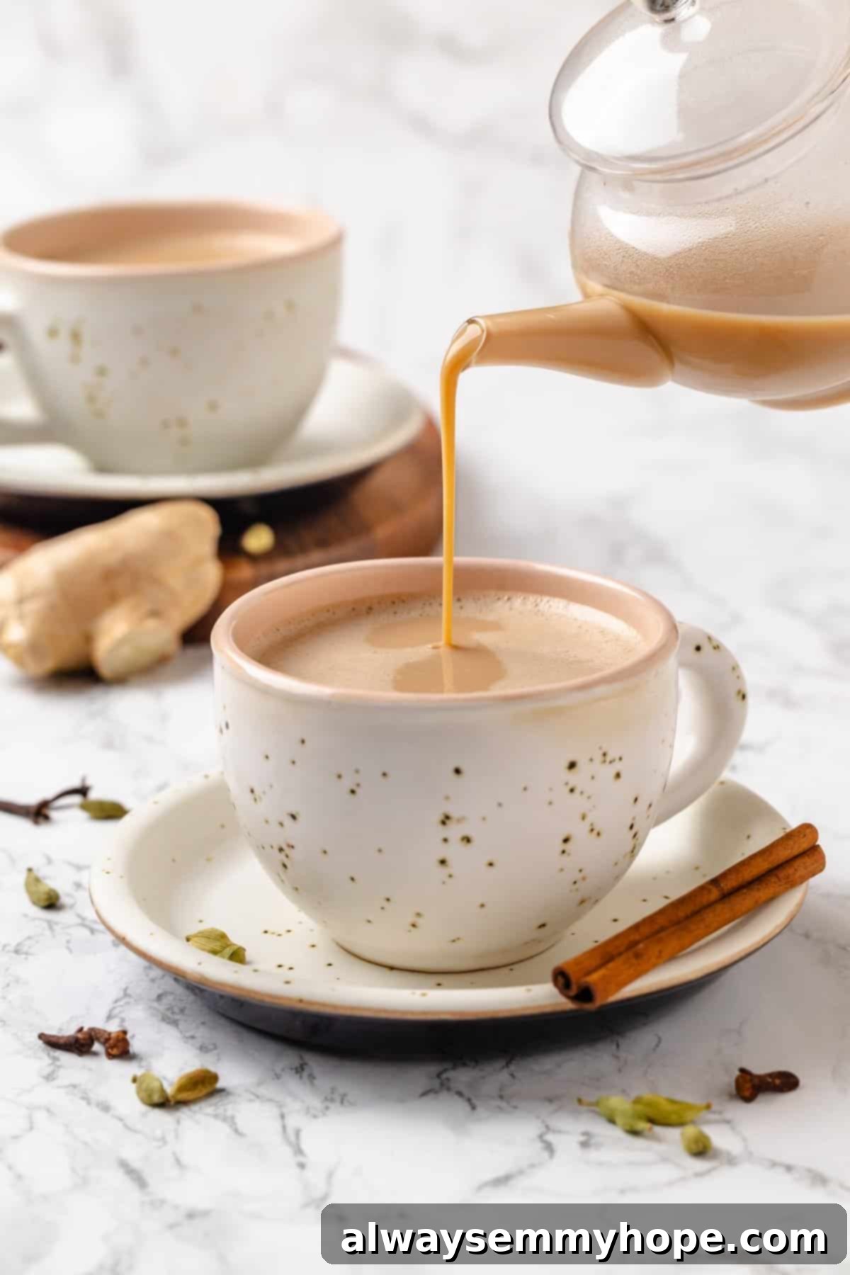 Creamy spiced chai made with oat milk and whole spices. Pouring spiced chai from teapot into mug.