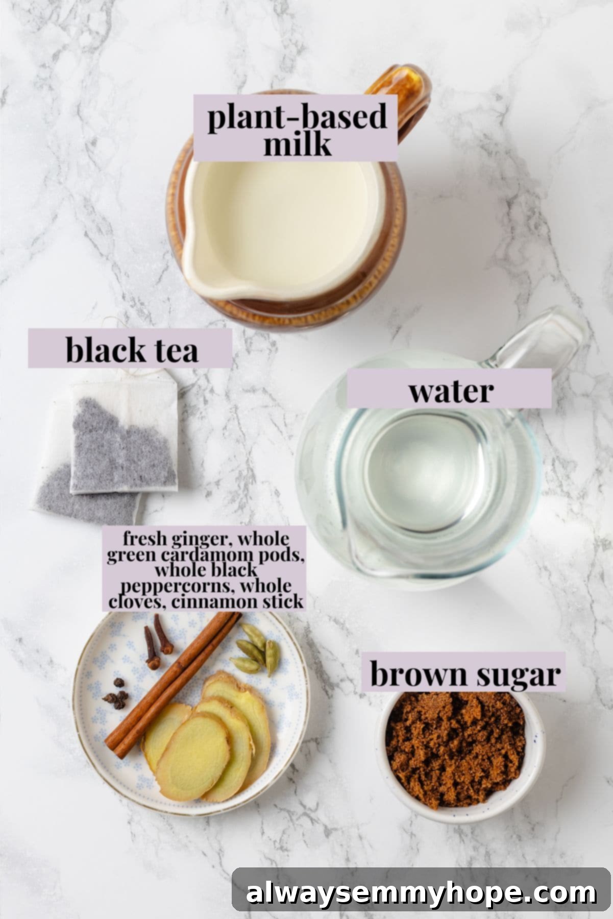 Fresh ingredients for making spiced chai at home. Ingredients for spiced chai with labels.