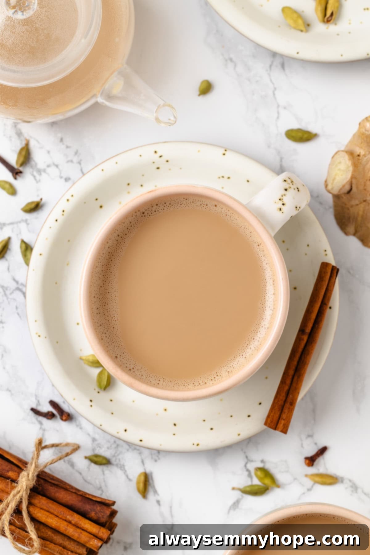 Spiced Chai Serenity 6 Homemade spiced chai in mug on saucer.