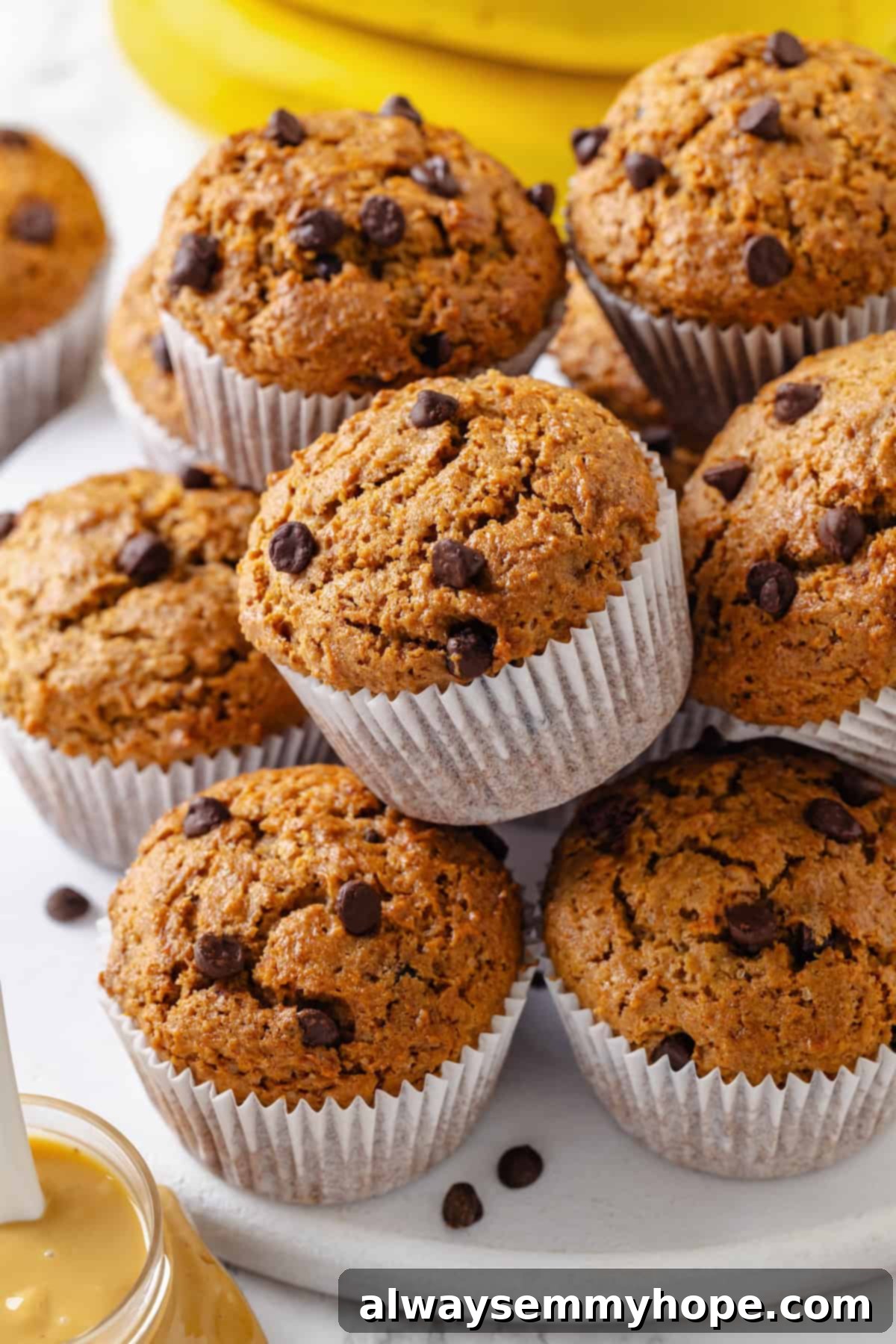 Peanut Butter Banana Bliss Muffins 2 Stack of peanut butter banana muffins