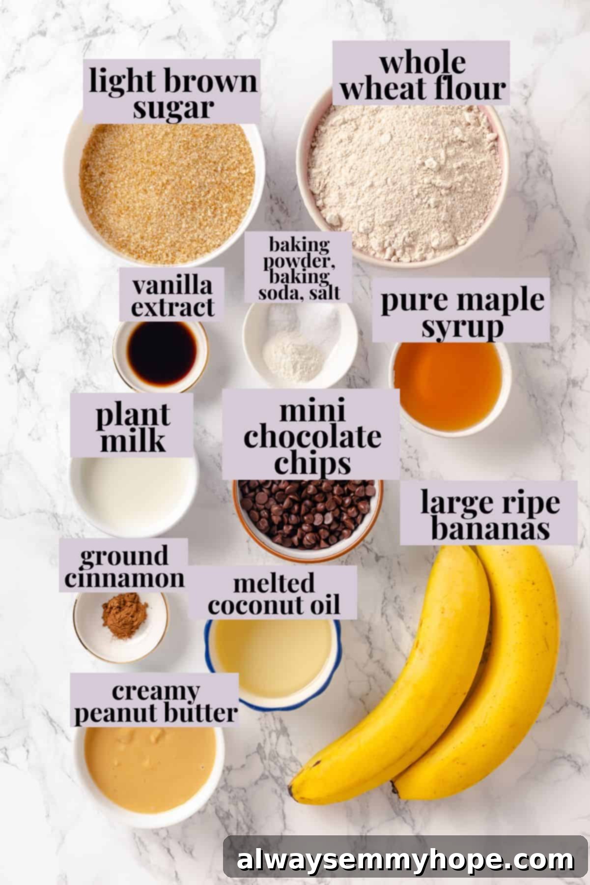 Peanut Butter Banana Bliss Muffins 3 Peanut butter banana muffin ingredients with labels