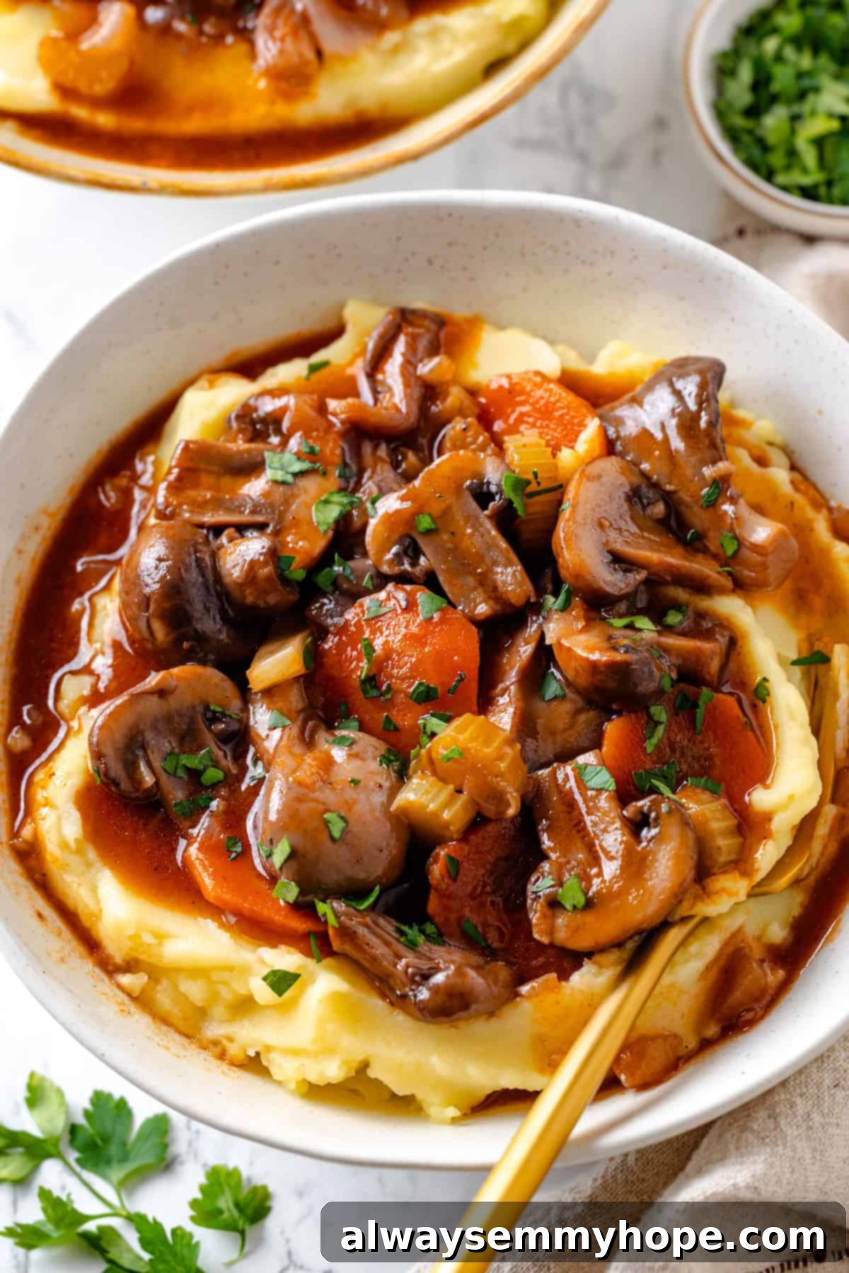 Vegan Mushroom Bourguignon served over mashed potatoes Bowl of vegan mushroom bourguignon served over mashed potatoes
