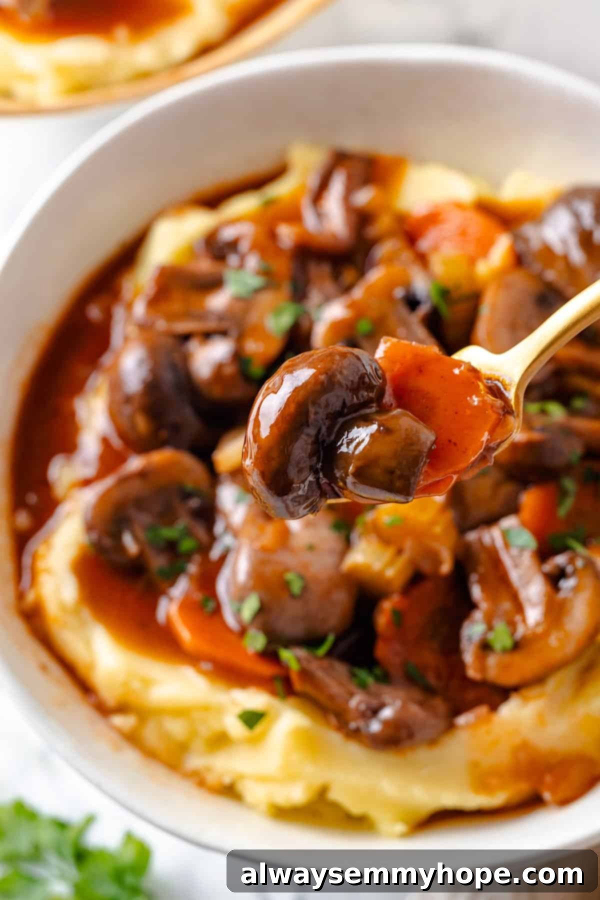 Spoonful of Mushroom Bourguignon Spoonful of mushroom bourguignon held over a bowl