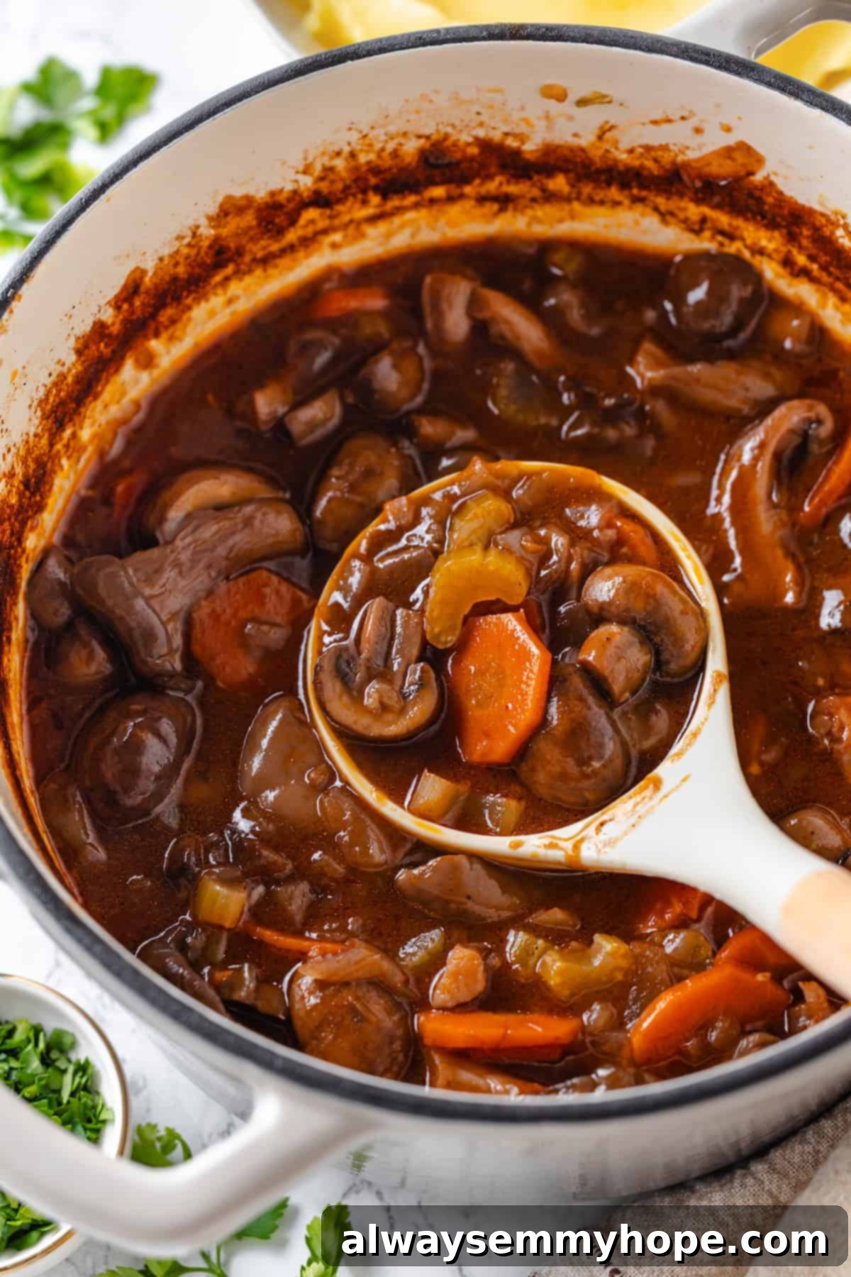 Vegan Mushroom Bourguignon in pot Ladle of vegan mushroom bourguignon in pot