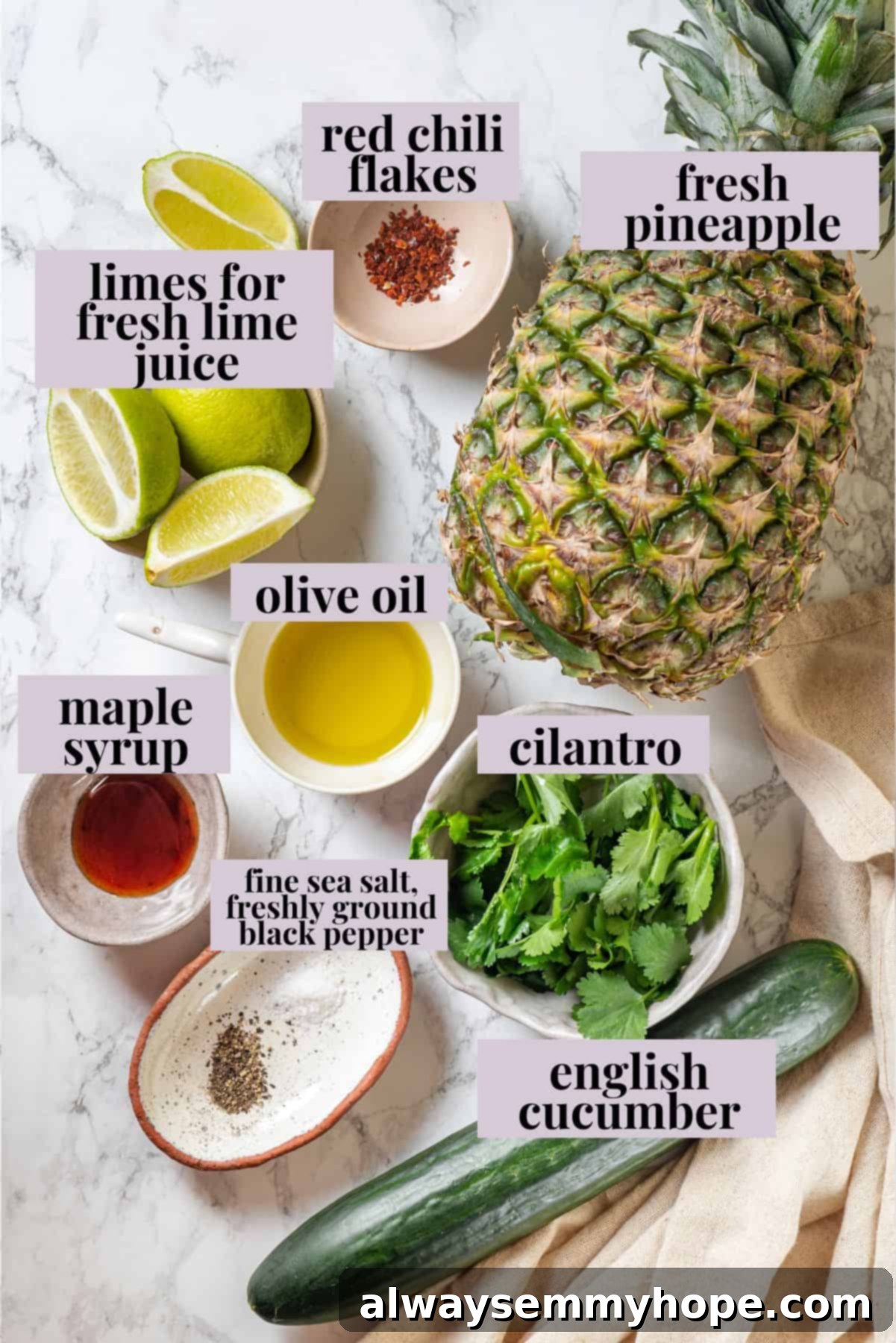 Pineapple Cucumber Refresher 3 Ingredients for pineapple cucumber salad, clearly labeled for easy preparation.
